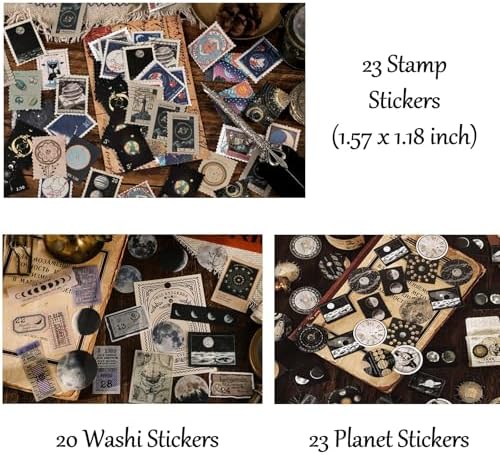 Vintage Aesthetic Scrapbook Supplies Kit with Scrapbook Paper, Stickers for Scrapbooking, DIY Albums, Junk Journals, Bullet Journals, Celestial Universe Planets Space Collage Decor (Dark4 125 Pcs)