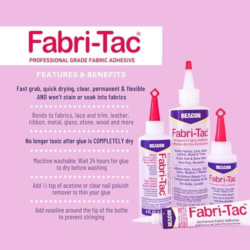 Beacon Fabri-Tac Premium Fabric Glue - Quick Drying, Crystal Clear, Permanent - for Fabrics, Canvas, Lace, Wood and More, 4-Ounce