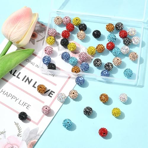 Assorted 50Pcs Disco Ball Rhinestone Polymer Clay Beads for Jewelry Making Colorful Sparkly Spacer Beads for Bracelets Necklaces Earrings Making Craft Gift