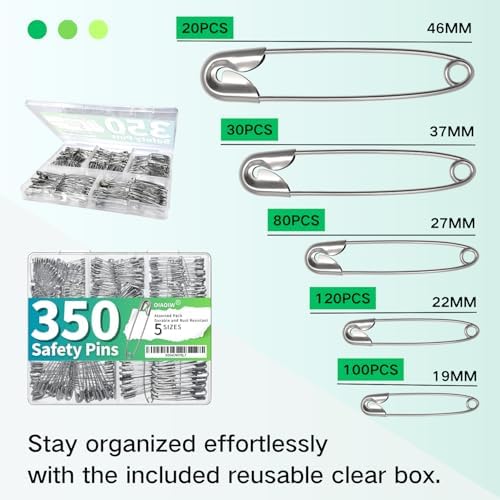 350 Pack Silver Safety Pins for Clothes 5 Assorted Sizes Strong Heavy Duty