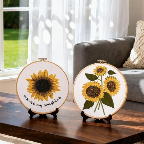Sunflower Embroidery Kits for Beginners Adults, Floral Hand Embroidery Set Needlepoint Kits, Stamped Cross Stitch Kits for Beginners Adults, 2 Embroidery Hoops, Fabric, Thread(Attached Video Tutorial)