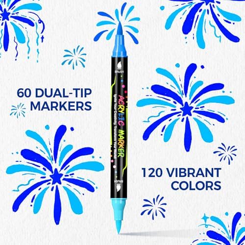 120 Colors Acrylic Paint Markers, Dual-Tip Brush Paint Pens for Painting | Permanent Drawing Markers Set For Wood, Rock , Fabric, Canvas, Glass, Ceramic, DIY Craft Art Supplies, 60 Pack