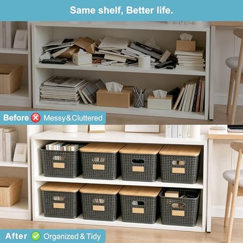Bagnizer 2 Pack Tall Plastic Storage Bins with Bamboo Lids, 10.8qt Stackable Storages Baskets for Organizing Desktop Closet Playroom Classroom Office, 12"L x 8.3"W x 6.1"H, Gray