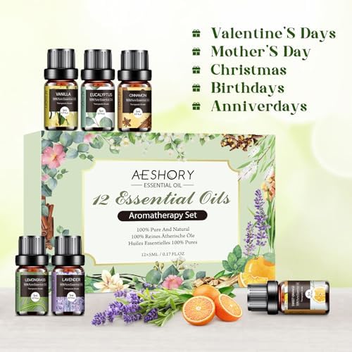 Essential Oils Set - 12 Pcs Organic Aromatherapy Essential Oil Kit for Diffuser, Humidifier, Aromatherapy, Massage, Soap, Candle Making (5mL)