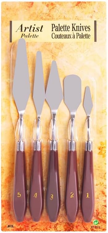 PUFUAII 5 PCS Painting Knives Stainless Steel Spatula Palette Knife Oil Painting Accessories Color Mixing Set for Oil, Canvas, Acrylic Painting (drak brown)