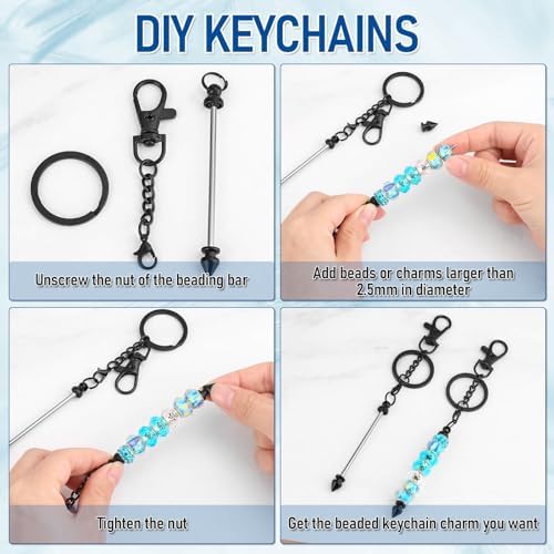ROADPLUM 12 Pcs Beadable Keychain Bar, Black Beaded Key chain for Pendant DIY, Alloy Blank Accessories Bulk for Keychain Making Supplies Jewelry Making Gift