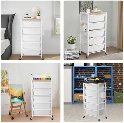 Rolling Cart with 4 Drawers, Plastic Drawer Storage Carts with Wheels & Wooden Tabletop, Metal Utility Cart with Pegboards, Office Living Room Classroom Craft Organization and Storage, Bright White