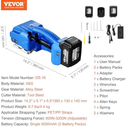 VEVOR Electric Strapping Machine, for 0.35"-0.63" PP PET Straps, Portable Electric Banding Tool with Digital Display, 2 x 5000mAh Battery Powered Automatic Strapping Tool for Packaging Box Pallet