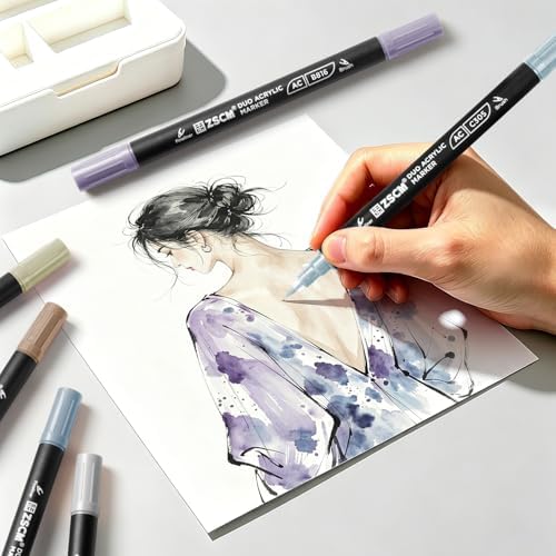 ZSCM 12 Gray Acrylic Paint Markers, Dual Fine & Brush Tip Acrylic Pens