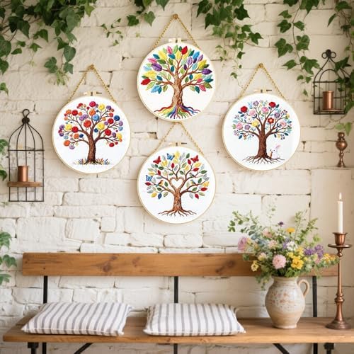 FREEBLOSS 4 Set Embroidery Kit Tree of Life Stamped Embroidery Starter Kit with Step by Step Instructions, Colored Threads, 2 Hoops, Needlepoint Kits for Hand Craft Lovers Gift, 30cm/11.8inch