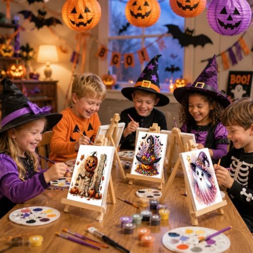 SUJINMEI 4 Pack Halloween Paint by Numbers Kit for Kids with Frame 8x8 inch