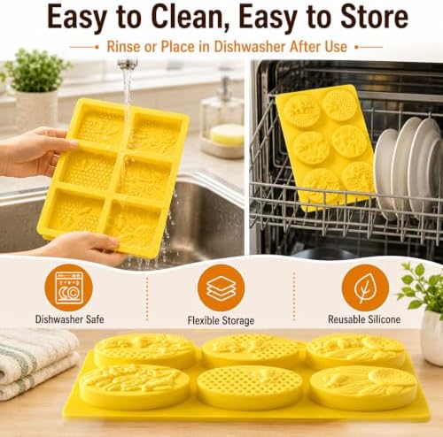 2 Pack 6 Cavity Bee Honeycomb Design, Rectangle & Oval Non-Stick Flexible Silicone Soap Molds for Soap, Wax Melts, Beeswax, Chocolate, Candle & Craft Making