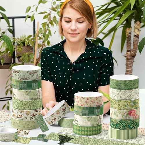 12 Pcs Green Floral Washi Tape Vintage Flower Pattern Masking Tape Decorations Green Floral Decorative Paper Sticker for Vintage Spring DIY Craft Gift Wrapping