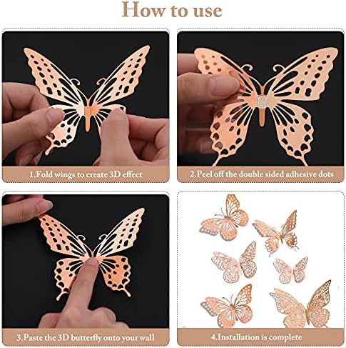 SAOROPEB 3D Butterfly Wall Decor, 48 Pcs 4 Styles 3 Sizes, Removable Metallic Wall Sticker Room Mural Decals for Kids Bedroom Nursery Classroom Party Decoration Wedding Decor DIY Gift (Rose Gold) | 4 Styles 3 Sizes, Removable Metallic Wall Sticker Room...