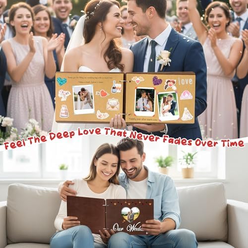 CY2SIDE Our Wedding Scrapbook Album - 111PCS DIY Wooden Memory Photo Book Craft Kit with Stickers Markers Stencils Photo Corner Mr & Mrs Ornament, Picture Journal Gift for Bridal Wedding Anniversary