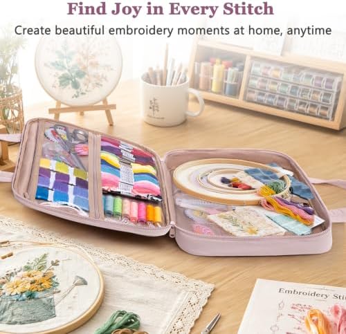 Puffy Embroidery Project Bag, Quilted Embroidery Floss Organizer for Hoops up to 11", Cross Stitch Project Storage Case for Needlepoint Project, Thread & Stitch Tools