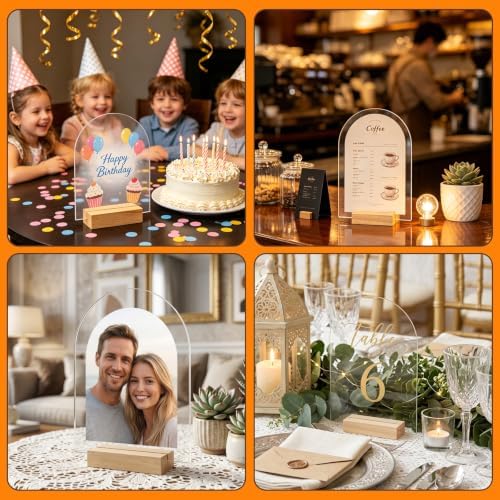 Bercoor 15 Pack 5x7 Inch Blank Clear Arch Acrylic Sign with Wooden Stands, Arched Round Top Acrylic Sheet, DIY Acrylic Arch Table Numbers for DIY Name Card Gifts Event Party Sign Decoration