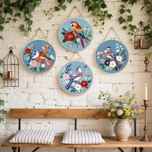 FREEBLOSS 4 Sets Embroidery Kit for Beginners Needlepoint Birds&Wreath Stamped Embroidery Starter Kit with Instructions, Needles, Threads, 2 Hoops 11.6"/29.5CM
