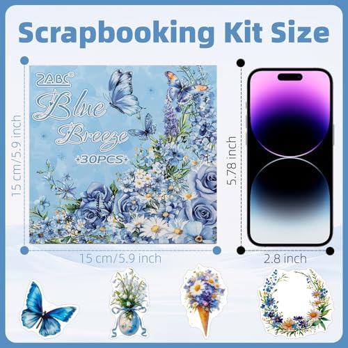 Blue Butterfly Garden Theme Sticker Scrapbooking Supplies for Junk Journal, 30 Sheets PET Stickers - Vintage Journaling Stickers, Ephemera Sticker Book Pre Cut(TZ-005-002)