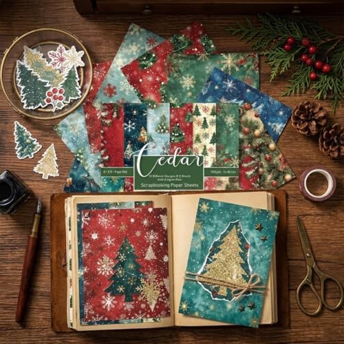 6inch Christmas Scrapbooking Paper Pad, 24 Sheets Snowflakes Aesthetic Patterned Decorative for DIY Art Crafts Collage XmasTrees Journals Decoupage Folded Supplies Gift Cards Photo Album