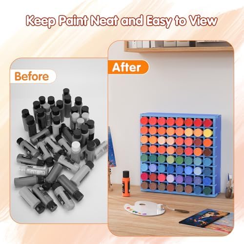 Krafetto 64-Grid Paint Organizer for 2 Oz Bottles, Wall Mount, Blue