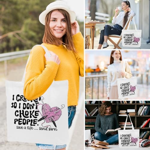 Crochet Knitting Humor Yarn Gifts Canvas Tote Bag, Reusable Grocery Shopping Bags for Crocheters Christmas