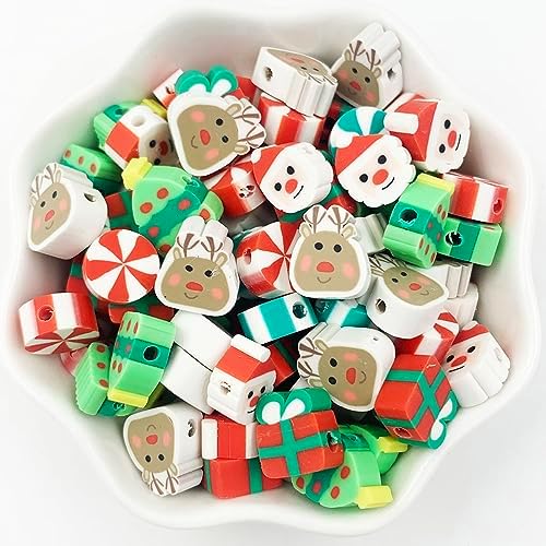 100 Pcs Christmas Handmade Polymer Clay Beads, 10mm Polymer Clay Spacer Beads for Women Jewelry Making DIY Charms Bracelet Necklace Hair Clip Accessories Handmade Craft