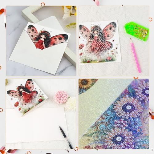 LazyFold 6 Pcs Diamond Art Painting Greeting Cards Kits, Red Fairy Handmade Festival Greeting Cards with Envelopes Diamond Art Crafts Birthday Cards Creative Gift