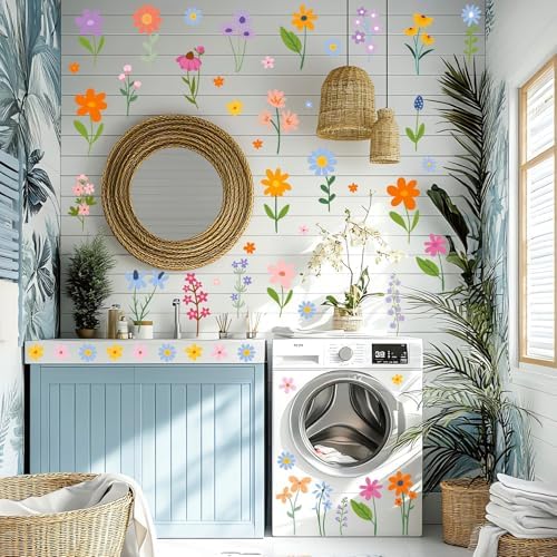 AOWDIAO Floral Wall Decals - 102 Pcs Peel and Stick Vinyl Flower Stickers - Assorted Varieties & Colors for Bedroom, Kids’ Rooms, Nursery, or Living Room Decor