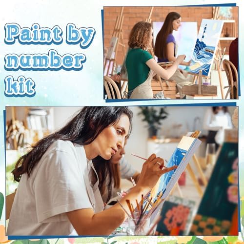 Nezyo 8 Sets 8 x 8 Inch Paint by Numbers Kit for Adult Beginners with Wooden Easels Acrylic Paint by Number Landscape Paintings Kits for DIY Party Home Decor Gift(Blue Ocean)
