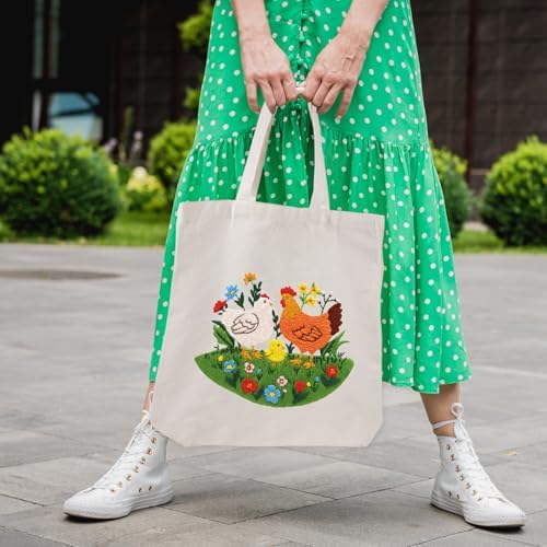 Louise Maelys Embroidery Kit Canvas Tote Bag, Chicken Floral Pattern