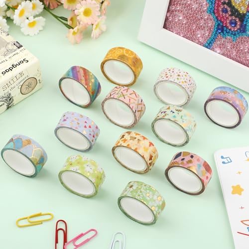 12 Rolls Gold Foil Floral Washi Tape Set,15mm Decorative Masking Tape for Journaling, Scrapbooking, Planners, DIY Crafts, Gift Wrapping(Spring Pastel Collection)