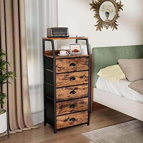 Furnulem Dresser for Bedroom, 5 Drawers Tall Nightstand, Chest of Drawers