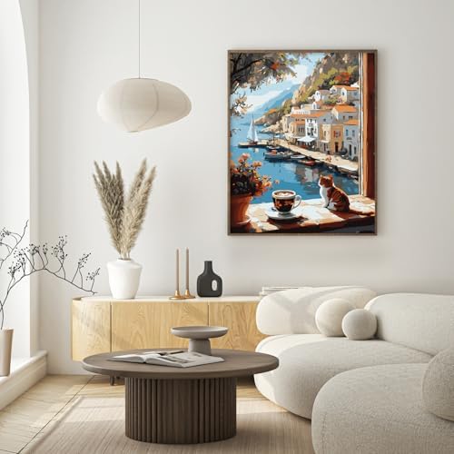 Possoco Paint by Numbers Kit for Adults Beginner Cat, Seaside Landscape Easy Adult Paint by Number Kits on Canvas, DIY Acrylic Number Painting for Adults Teens for Home Decor 16x20 Inch