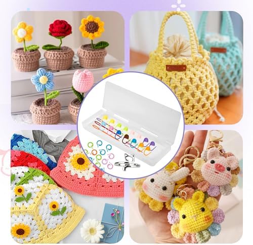 Varpotle 10Pcs Crochet Ring for Women with 45 Crochet Stitch Markers and 6 pcs Sewing Needles,Adjustable Open Crochet Tension Ring for Finger Crocheters Knitters,Stitch Markers for Crocheting