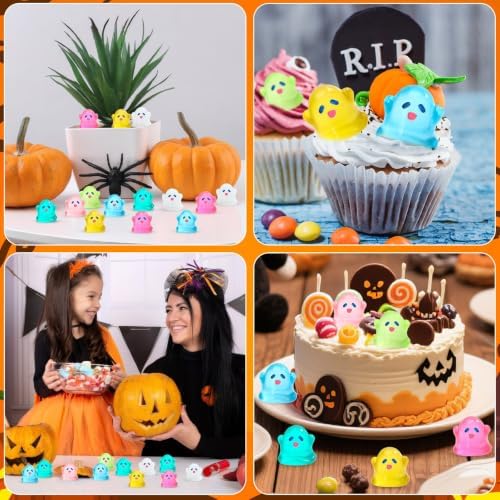 JUNEBRUSHS 50 Pcs Halloween Mini Ghost, Luminous Ghost Figurines Miniature Ornaments Glow in The Dark for DIY Crafts Party Gifts Landscape Decorations