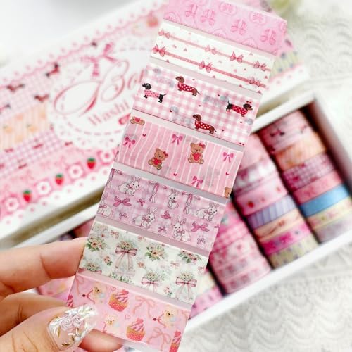 42 Rolls Bow Aesthetic Washi Tape Set with 10 Organizer Cards, Cute Pink Decorative Masking Tape for Journaling, Scrapbooking, Planners, Junk Journal, Gift Wrapping, DIY Crafts and Stationery Supplies