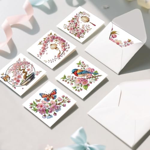 6pcs 5D DIY Diamond Painting Kit Greeting Card, Small Bird Peach Blossom Diamond Handmade Greeting Card with Envelope, Holiday Gift Congratulations
