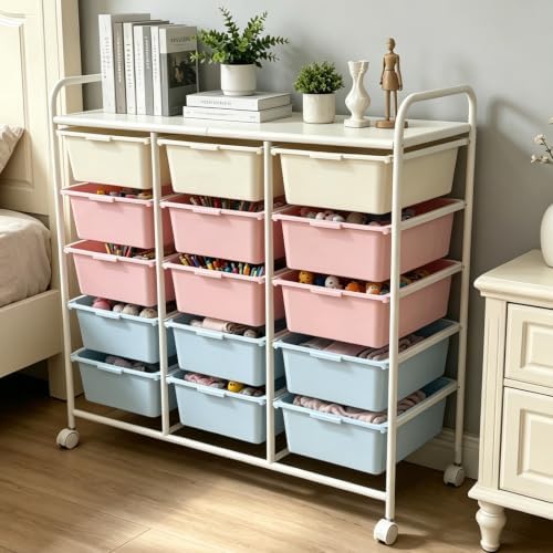 15-Drawer Rolling Storage Cart with Wheels, 3-Color Plastic Drawer Cart | Mobile Organizer Cart, Utility Storage Trolley for Office, Living Room, Craft Room, Bathroom, and Home Organization
