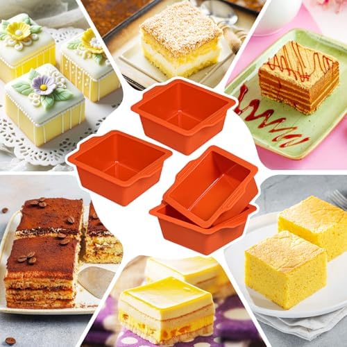 Webake 4 Inch Silicone Square Cake Pans, Nonstick Mini Square Silicone Molds for Baking, Ice Cube, Jelly, Soap, BPA Free Set of 4