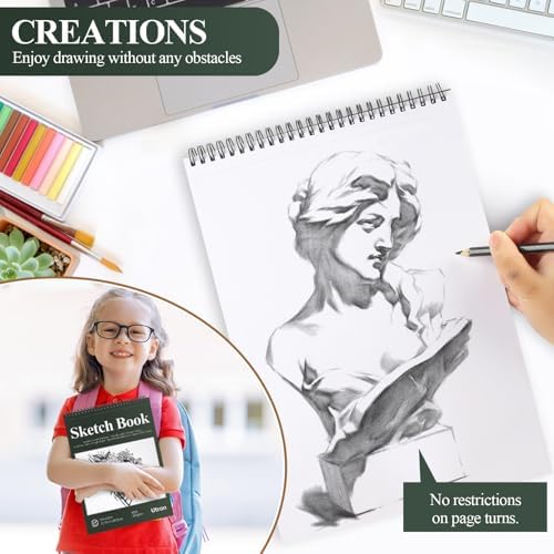 Utron 9"x12" Sketchbook Drawing, Top Spiral Sketching Pad, 100GSM/68LB Acid Free Art Sketching Pad, Drawing Paper, Beginner Artist (50 Sheets, White)