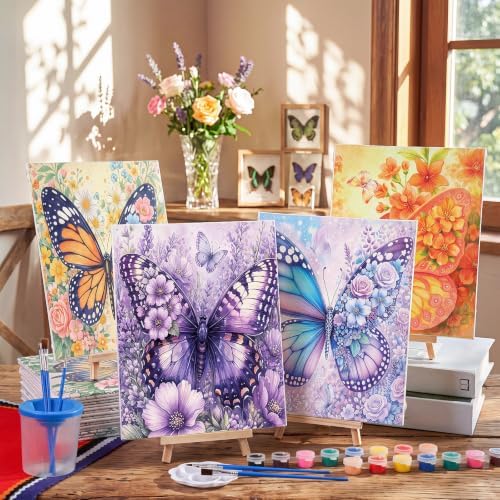 Sherr 140 Pcs 20 Set Pre Drawn Canvas Painting Kit, Butterflies and Flowers