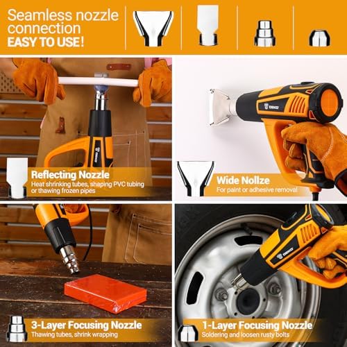 Heat Gun Hot Air Gun: DEKOPRO 1800W Heat Guns with Variable Temperature Control 120℉-1200℉/50℃- 650℃, Heat Guns for Crafting, Vinyl Wrap, Shrink Wrap with Overload Protection & 4 Nozzles