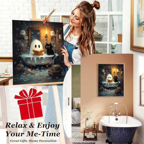 Halloween Paint by Numbers Kit for Adults, Paint by Number Adult 16x20in | Ghost Adult Paint by Number Kits, Halloween Wall Decor Gifts, DIY Acrylic Oil Painting Pre Drawn Canvas Printing Brushes