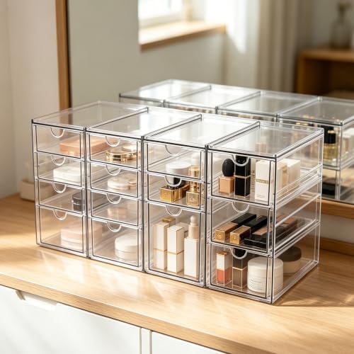 Prsildan Acrylic Desk Organizers with 14 Drawers, Stackable Makeup Storage