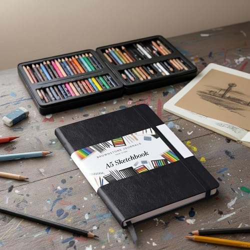 BROWNSTONE JOURNALS A5 Sketch Book Hardcover - 80 Sheets 100 GSM Paper | 5" x 8", Lay Flat, Vegan Leather Cover, Elastic Band, Back Pocket, Compact Art Drawing Book for Adults & Students
