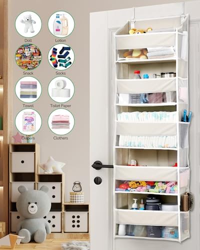 ULG 1-Pack Over Door Organizer with 5 Large Pockets 10 Mesh Side Pockets, 44 lbs Weight Capacity Hanging Storage Organizer with Clear Window for Bedroom Bathroom Kitchen, RV, Camper, Beige
