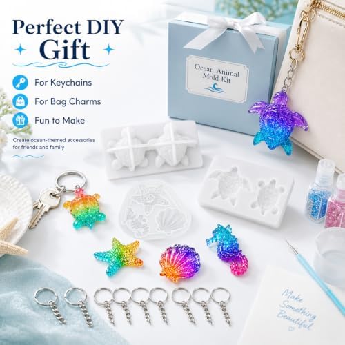 3 Pack Turtle Resin Mold Set, Ocean Animal Silicone Molds for Epoxy Resin, Mini Sea Turtle, Starfish, Seahorse and Shell Casting Molds with 10 Keychain Rings for DIY Craft Decor