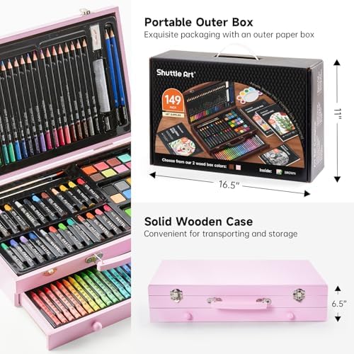 Shuttle Art 149 Piece Deluxe Art Set, Art Supplies in Wooden Case, Painting Drawing Art Kit with Crayons Colored Pencils Oil Pastels Coloring Book Sketch Pad for Kids Adults