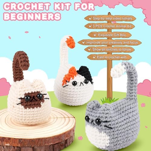 Cat Crochet Kit for Beginners-3PCS Cats Crochet Kits,Teacher Appreciation Gifts for Women, Crochet Starter Kit with Step-by-Step Video Tutorials,Crochet Animal Kits DIY Craft Learn to Crochet Kits